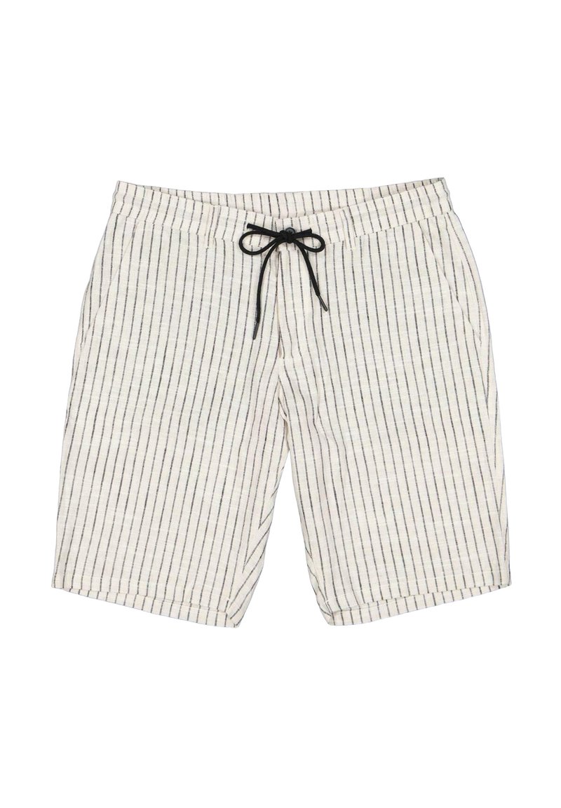 Striped linen shorts in light beige with black lines. Features an elastic waistband and front pockets, with a drawstring for adjustment.