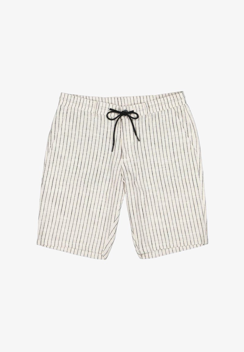 Striped linen shorts in light beige with black lines. Features an elastic waistband and front pockets, with a drawstring for adjustment.