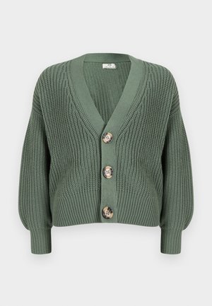 Green knit cardigan with a V-neck, four large buttons, ribbed cuffs, and a textured pattern throughout the fabric.