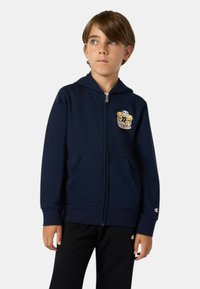 Granatowa bluza zip-up z mieszanki bawełny, z przednią kieszenią, naszywką z logo na klatce piersiowej i ściągaczami u rękawów.