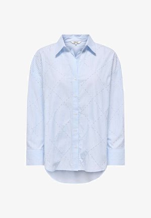 Camicia azzurra a maniche lunghe con sottili righe bianche e delicato motivo trapuntato a diamant, collo appuntito e orlo arrotondato.