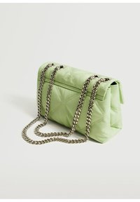 Quilted green handbag in soft material with a rectangular shape, featuring a silver chain strap and a top flap closure.