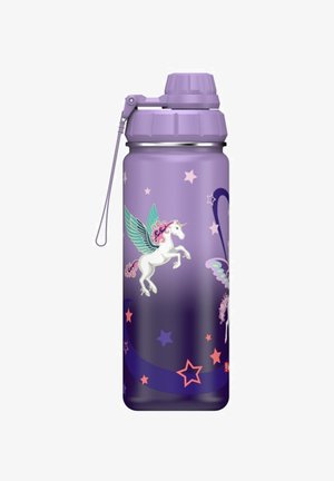 Purple plastic water bottle featuring unicorns, stars, and colorful accents. The design includes a secure cap and a loop for carrying.