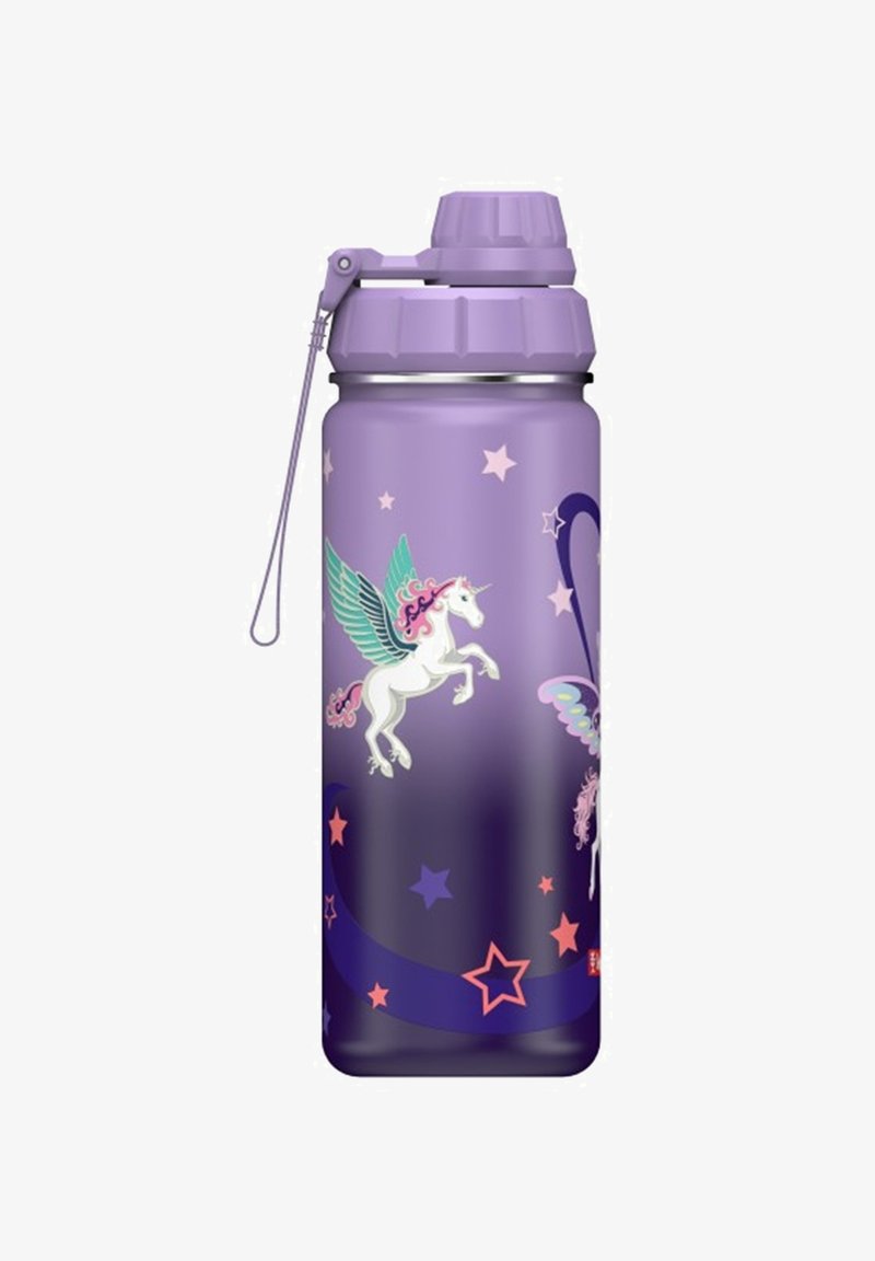 Purple plastic water bottle featuring unicorns, stars, and colorful accents. The design includes a secure cap and a loop for carrying.