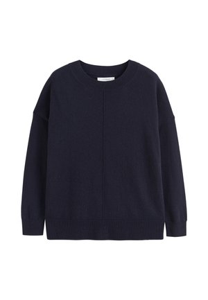 Navyblauer Pullover aus weichem Stoff, mit rundem Halsausschnitt, überschnittenen Schultern und einem schlichten Design mit geripptem Saum und Bündchen.