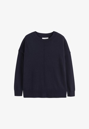 Navyblauer Pullover aus weichem Stoff, mit rundem Halsausschnitt, überschnittenen Schultern und einem schlichten Design mit geripptem Saum und Bündchen.