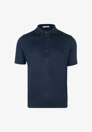 Polo shirt blu navy a maniche corte realizzato in un materiale morbido; presenta un colletto con tre bottoni e polsini a coste, con un design pulito.