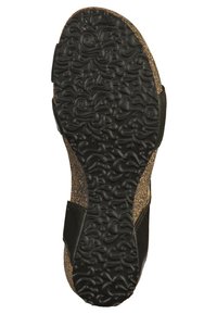 Semelle extérieure noire avec des motifs tourbillonnants texturés, présentant un bord semblable au liège. Conçue pour l'adhérence et la stabilité.