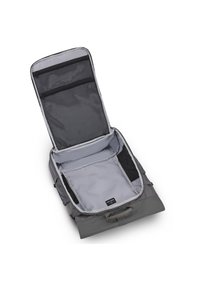 Gray backpack with an open zipper, a large compartment, and two netted pockets. Features fabric handles and a smooth interior lining.