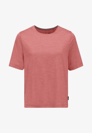 Roze kleurige kortemouw t-shirt gemaakt van zacht materiaal, met een ronde hals en een patroonaccent op de binnenste kraag.