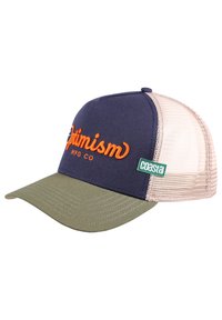 Căciulă din bumbac de culoare albastru marin, cu vizieră verde și laturi din plasă. Include broderie portocalie cu cuvântul "Optimism" și un mic eticheta verde "coastal".