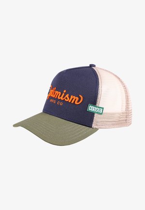 Navy blue cotton cap with a green visor and mesh sides. Features orange "Optimism" embroidery and a small green "coastal" tag.
