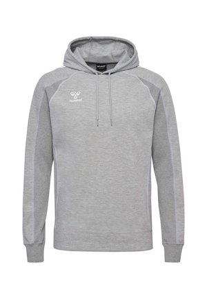 Jasnoszara bluza z kapturem z długim rękawem i sznurkami, logo hummel na lewej piersi oraz przeszycia na ramionach i rękawach.