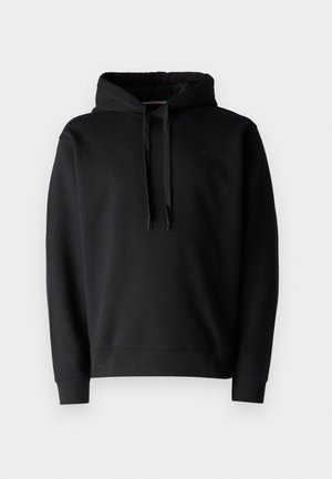 Zwarte hooded sweatshirt gemaakt van zachte stof, met een kangoeroezak, ribgebreide manchetten en een verstelbaar trekkoord in de capuchon.
