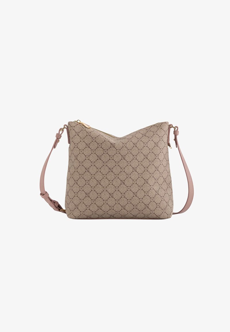 Krémová crossbody taška s texturovaným vzorem, s uzavíráním na zip a světle růžovým nastavitelným popruhem. Design je obdélníkový s jemným leskem.