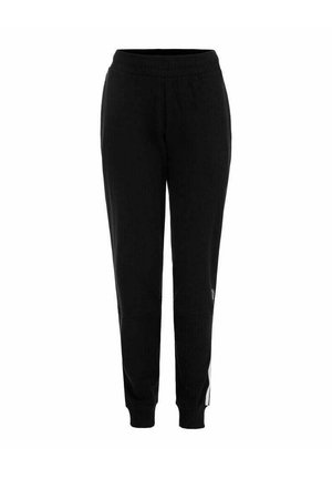 Zwarte sweatpants met een elastische tailleband, taps toelopende pijpen en een klein wit logo detail. Gemaakt van een zachte, gestructureerde stof.