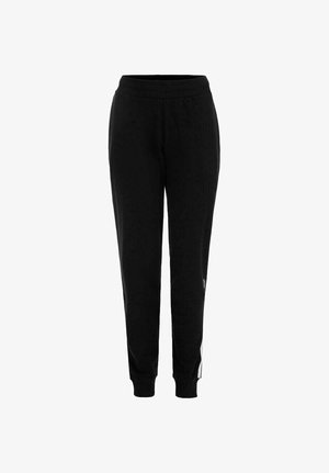 Schwarze Sweatpants mit einem elastischen Bund, schmal zulaufenden Beinen und einem kleinen weißen Logo. Hergestellt aus einem weichen, strukturierten Stoff.