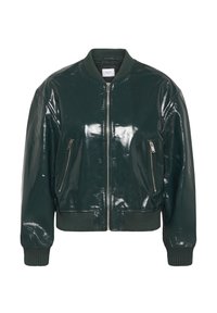 Giubbotto bomber in faux leather verde scuro e lucido, con colletto e polsini a costine, dotato di due tasche frontali con zip e chiusura con zip.