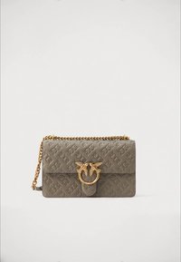 Taupe leather crossbody bag with embossed pattern, gold chain strap, and decorative gold clasp featuring two birds facing each other.