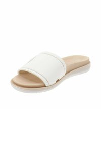 Infradito bianchi con una ampia fascia in tessuto e soletta imbottita, dotate di una suola liscia e leggera in un beige e bianco a contrasto.