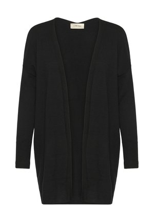 Cardigan noir ouvert à l'avant en tissu tricot doux. Présente des manches longues et des poignets côtelés, avec une coupe décontractée et sans fermetures.