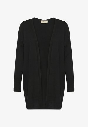 Cardigan noir ouvert à l'avant en tissu tricot doux. Présente des manches longues et des poignets côtelés, avec une coupe décontractée et sans fermetures.