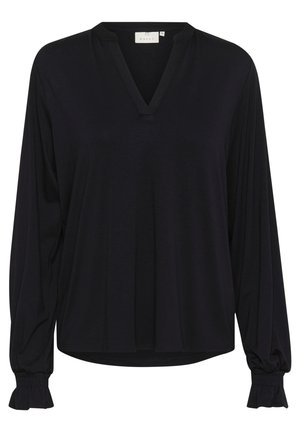 Zwarte blouse met lange mouwen, een V-hals, geplooide voorkant en gathered manchetten. Gemaakt van zachte stof met een gladde textuur en een losse pasvorm.