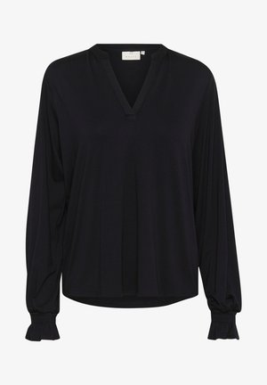 Zwarte blouse met lange mouwen, een V-hals, geplooide voorkant en gathered manchetten. Gemaakt van zachte stof met een gladde textuur en een losse pasvorm.