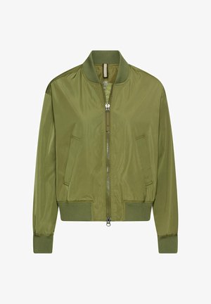 Olivgrüne Bomberjacke mit einem Reißverschluss, gerippten Bündchen und Taschen. Glattes, leichtes Material mit einem schlichten, klassischen Design.