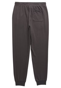 Gray cotton sweatpants with elastic waistband, tapered cuffs, and a single back pocket. Soft texture, simple design, casual fit.