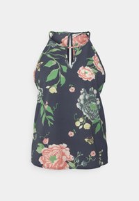 Top de halter floral em azul marinho escuro com flores rosas e verdes. Decote em forma de chave com fecho nas costas. Tecido suave e leve.
