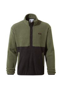 Fleece pullover with a half-zip collar, olive green upper and black lower panel, featuring a chest logo and side pockets. Soft texture.