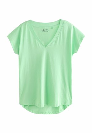 T-shirt vert menthe à col en V avec des manches courtes, fabriqué en coton doux, avec un ourlet arrondi et une coupe décontractée.