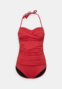 Rode badpak met een sweetheart-halslijn, ruches op de torso, verstelbare halterbandjes en een contrasterende zwarte onderkant.