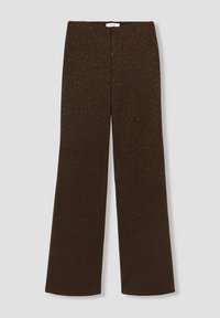 Pantalon large brun avec une finition texturée et un motif de paillettes subtiles. Il présente une taille haute et un design minimaliste.