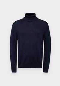 Maglione a collo alto blu navy con collo e polsini a coste, caratterizzato da una texture a maglia liscia e maniche lunghe per garantire calore.