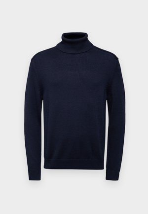 Maglione a collo alto blu navy con collo e polsini a coste, caratterizzato da una texture a maglia liscia e maniche lunghe per garantire calore.
