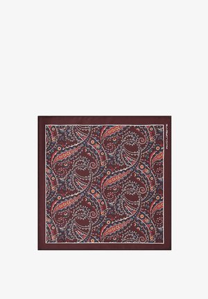 Bordowa jedwabna chusta z kolorowym wzorem paisley z kwiatowymi akcentami i zawiłymi spiralami, otoczona jednolitą bordową krawędzią.