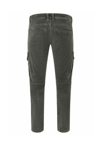 Olijfgroene cargobroek van een gestructureerde stof, met twee zijzakken, een slim fit en zichtbare stikseldetails op de achterkant.
