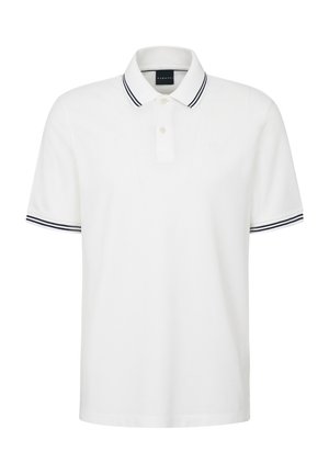 White polo shirt made of cotton, featuring a two-button placket, black and white striped accents on the collar and sleeves.