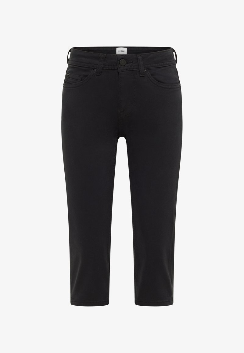 Black cropped jeans made of denim, featuring a classic five-pocket design, front button closure, and slight stretch for comfort.