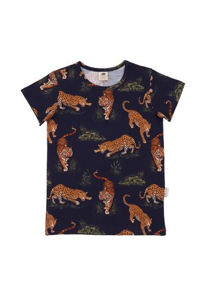 Navy blue short-sleeve shirt patterned with walking tigers and leopards among green grass patches.
