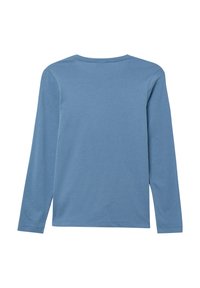 Effen lange mouwen blauwe crewneck shirt gezien vanaf de achterkant, gemaakt van zacht katoen.