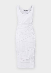Biała sukienka bez rękawów z okrągłym dekoltem, cechująca się unikalnym wzorem z przekręconych akcentów tkanin oraz bocznymi rozcięciami dla dodatkowego efektu.
