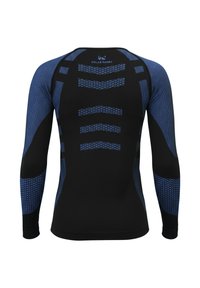 Black long-sleeve athletic shirt featuring blue textured accents and patterns, with a fitted design for active wear.