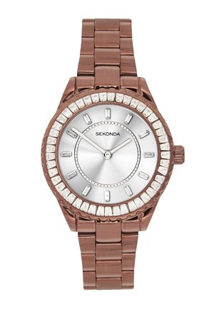 Rosegoldfarbene Metallarmbanduhr mit silbernem Zifferblatt, Kristall-Stundenmarkierungen und Lünette, zeigt die Uhrzeit 10:12 an.