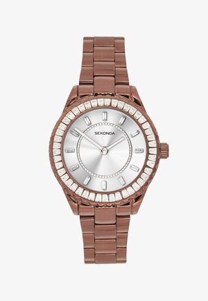 Rose gold metal watch with silver dial, crystal hour markers, and bezel, showing 10:12 time.