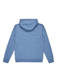 Blå hoodie i mjukt tyg, med huva, långa ärmar och ribbat nederkant. Baksidan är enfärgad utan synliga logotyper eller mönster.