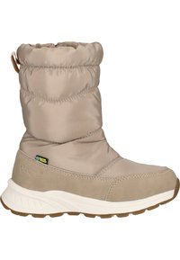 Beige waterdichte winterboot met een gevoerde stoffen bovenkant, rubberen zool en een lichte rimpeling aan de bovenkant voor warmte en comfort.
