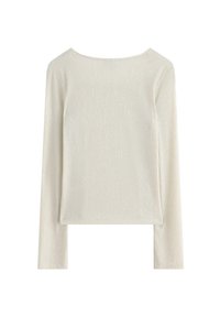 Langærmet top i lys beige ribbet stof, med rund halsudskæring og en tætsiddende silhuet. Har diskret tekstur og rene linjer.